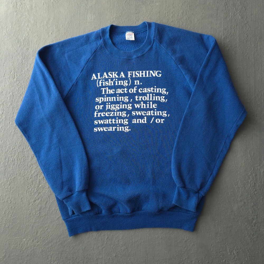 Vintage 80s Jerzees Blue Sweatshirt Medium Alaska Fishing Definition Raglan